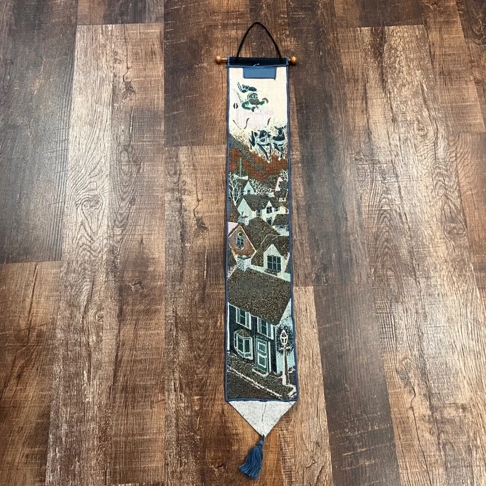 Vintage Christmas Santa Sleigh Woven Tapestry Wall Hanging Bell Pull Tassel Blue